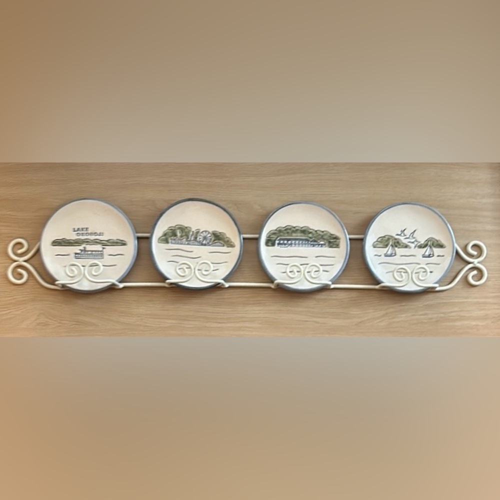 Lake Okoboji, Iowa Pottery Set of 4 Mini Plates & Wrought Iron Wall Display